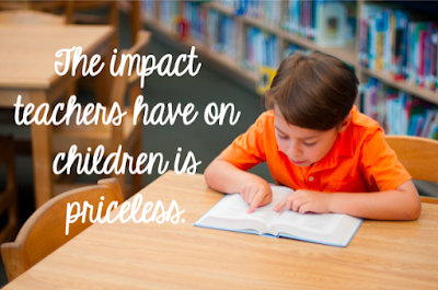 Picture of school aged boy in library with words stating the impact teachers have on children is priceless.